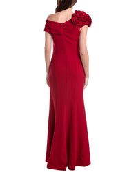 Teri Jon By Rickie Freeman Crepe Asymmetrical Flower & Feather Shoulder Gown