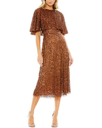 Mac Duggal Embellished Cape High-Neck Midi Dress