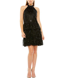Mac Duggal High-Neck A-Line Ruffle Sequin Mini Dress