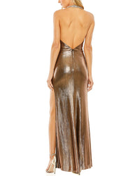 Mac Duggal High-Neck Crystal Detail Metallic Slit Gown
