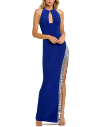 Mac Duggal Jersey Halter Neck Beaded Slit Detail Gown