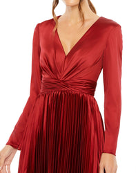 Mac Duggal Pleated Long Sleeve V-Neck Dress