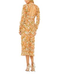 Mac Duggal Low Back Floral V Neck Ruffle Dress