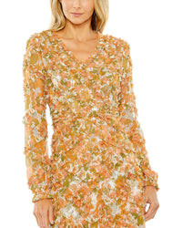 Mac Duggal Low Back Floral V Neck Ruffle Dress