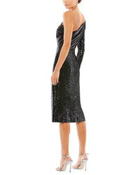 Mac Duggal Ruched Sequined One Shoulder Midi Dress