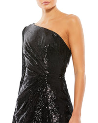 Mac Duggal Ruched Sequined One Shoulder Midi Dress