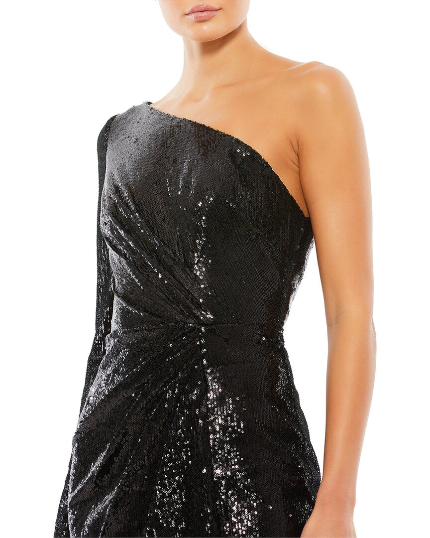open lace back dress Orange One Shoulder Mesh Sequin Gown With Slit main image 0