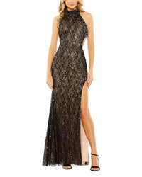 Mac Duggal Side Cut Out High Neck Sequin Gown