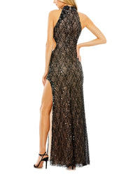 Mac Duggal Side Cut Out High Neck Sequin Gown
