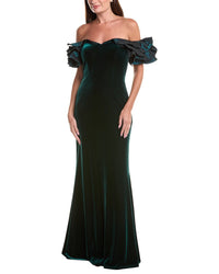 Teri Jon by Rickie Freeman Teri Jon By Rickie Freeman Stretch Velvet Scrunch Taffeta Off-Shoulder Maxi
