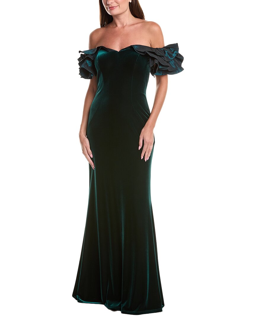 Teri Jon by Rickie Freeman Teri Jon By Rickie Freeman Stretch Velvet Scrunch Taffeta Off-Shoulder Maxi