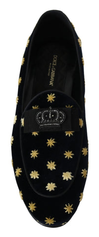 Dolce & Gabbana Blue Velvet Crown Slippers Loafers Men's Shoes