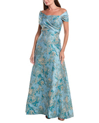 Teri Jon by Rickie Freeman Teri Jon By Rickie Freeman Metallic Jacquard Asymmetrical Off-Shoulder Full