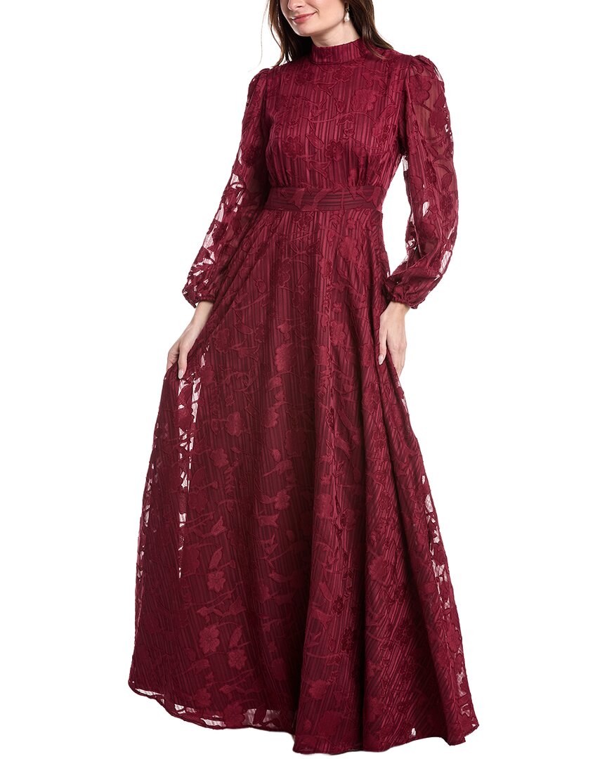 Rene Ruiz High-Neck Bishop Sleeve Cinch Waist Gown