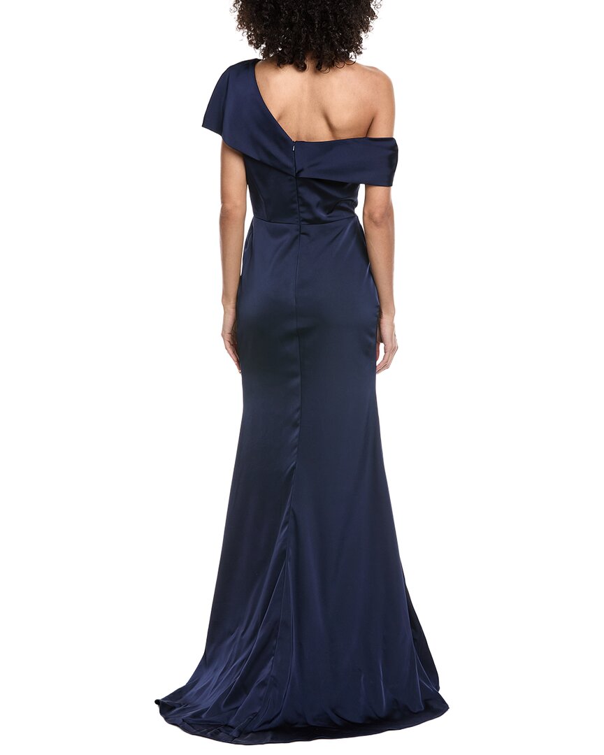 Rene Ruiz Asymmetric Off-Shoulder Crepe Gown