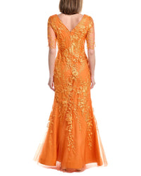 Rene Ruiz V-Neck Elbow Sleeves Trumpet Gown