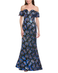 Rene Ruiz Rene Ruiz Off-The-Shoulder Printed Mikado Column Gown