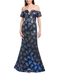 Rene Ruiz Rene Ruiz Off-The-Shoulder Printed Mikado Column Gown