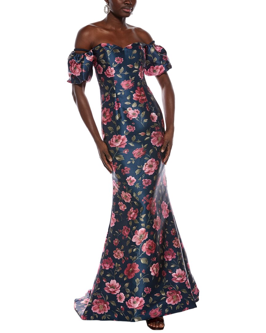 Rene Ruiz Off-The-Shoulder Sculpted Bodice Puff Sleeve Gown
