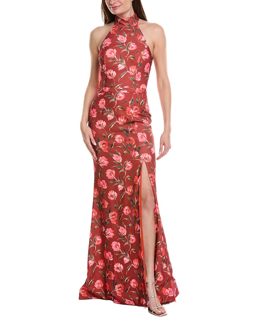 Rene Ruiz Halter Neck Belted Waist Floral Gown