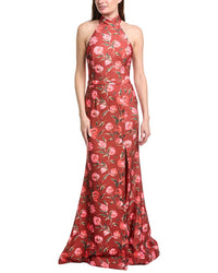 Rene Ruiz Halter Neck Belted Waist Floral Gown
