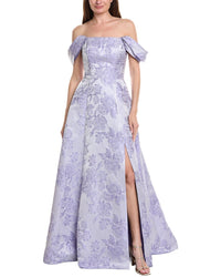 Rene Ruiz Off-The-Shoulder Folded Neckline Textured Gown