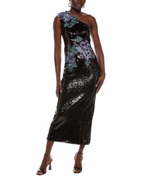 Rene Ruiz Rene Ruiz One-Shoulder Dimensional Floral Applique Midi Dress