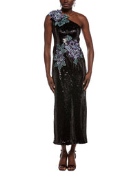 Rene Ruiz Rene Ruiz One-Shoulder Dimensional Floral Applique Midi Dress