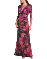 Teri Jon by Rickie Freeman Teri Jon By Rickie Freeman Floral Stretch Mikado Ruched 3/4-Sleeve Gown