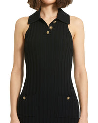 Mac Duggal Rib Knit Collared Sleeveless Fitted Maxi Dress