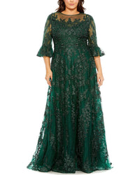 Mac Duggal High Neck Flutter Sleeve Embroidered A-Line Gown