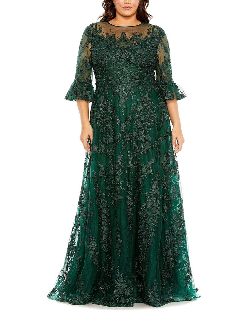 Mac Duggal High Neck Flutter Sleeve Embroidered A-Line Gown