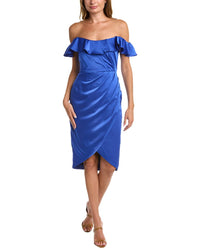 Theia Off-The-Shoulder Satin Midi Dress Blue