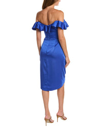 Theia Off-The-Shoulder Satin Midi Dress