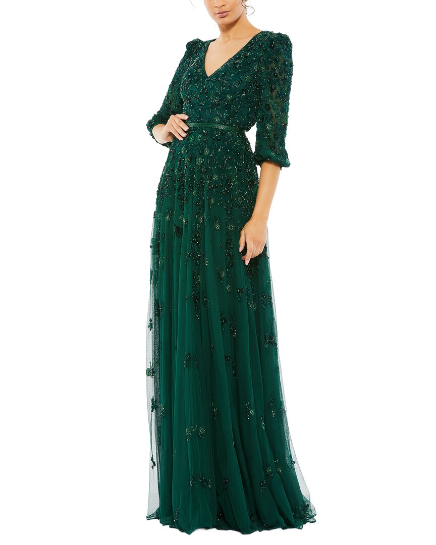 Mac Duggal Embellished V Neck 3/4 Sleeve A Line Gown
