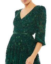 Mac Duggal Embellished V Neck 3/4 Sleeve A Line Gown