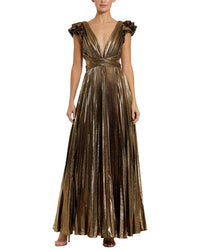 Mac Duggal Mac Duggal Ruffle Sleeve Cutout Pleated Metallic Gown