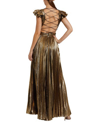 Mac Duggal Mac Duggal Ruffle Sleeve Cutout Pleated Metallic Gown