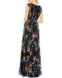 Mac Duggal Pleated Floral Cap Sleeve A Line Gown