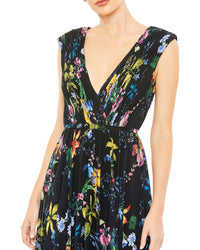 Mac Duggal Pleated Floral Cap Sleeve A Line Gown