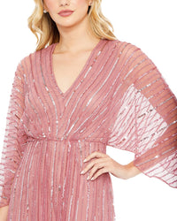 Mac Duggal Striping Kimono Sleeve V Neck Gown
