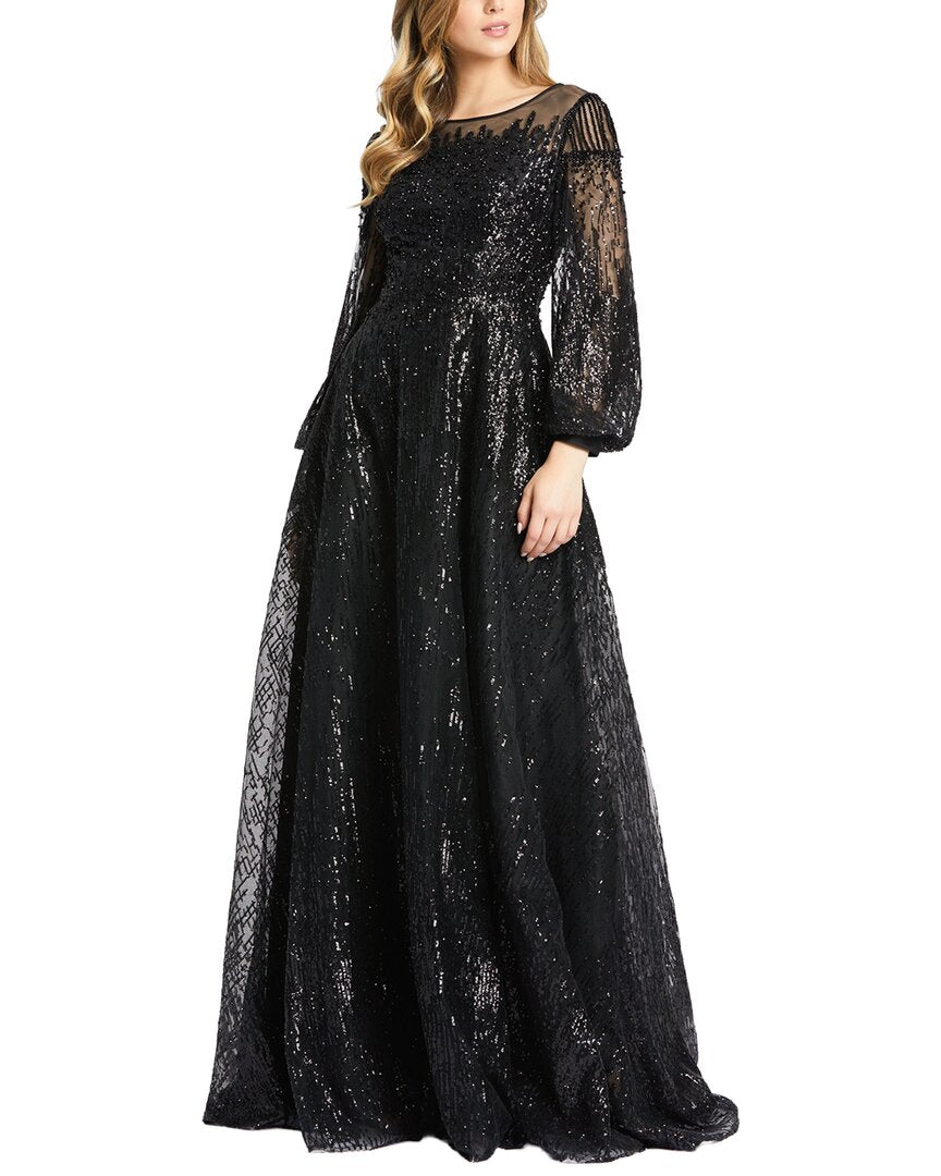 Mac Duggal Encrusted Illusion Long Sleeve A Line Gown