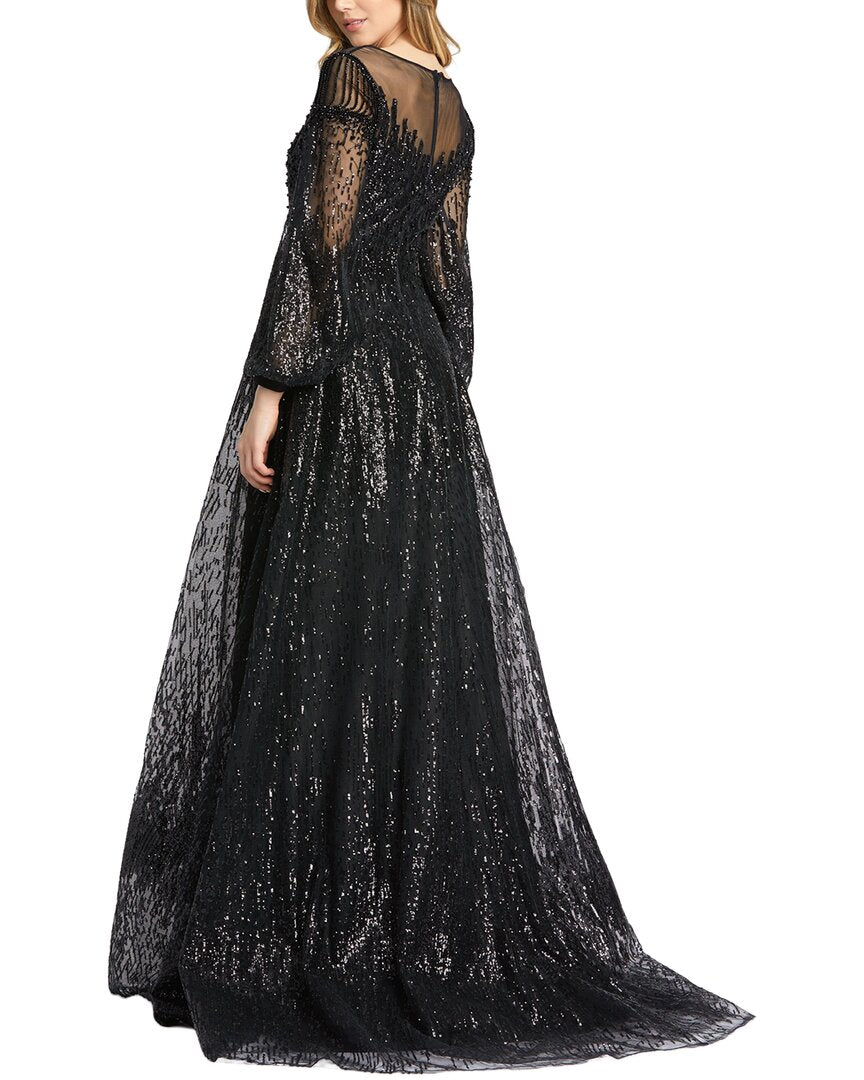 Mac Duggal Encrusted Illusion Long Sleeve A Line Gown