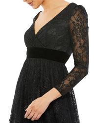 Mac Duggal Lace Long Sleeve V-Neck Wrap Over Gown