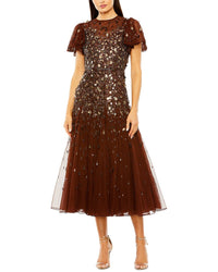 Mac Duggal High Neck Flutter Sleeve Beaded Dress