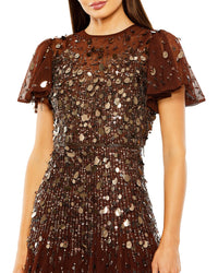 Mac Duggal High Neck Flutter Sleeve Beaded Dress