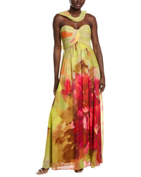 Badgley Mischka Floral Scarf Strapless Gown