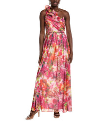 Badgley Mischka One Shoulder Ruffle Gown