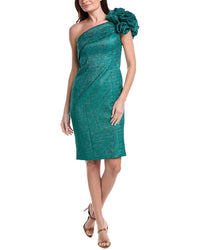 Teri Jon By Rickie Freeman Metallic Pebble Jacquard One- Shoulder Flower Ruffle