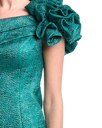 Teri Jon By Rickie Freeman Metallic Pebble Jacquard One- Shoulder Flower Ruffle